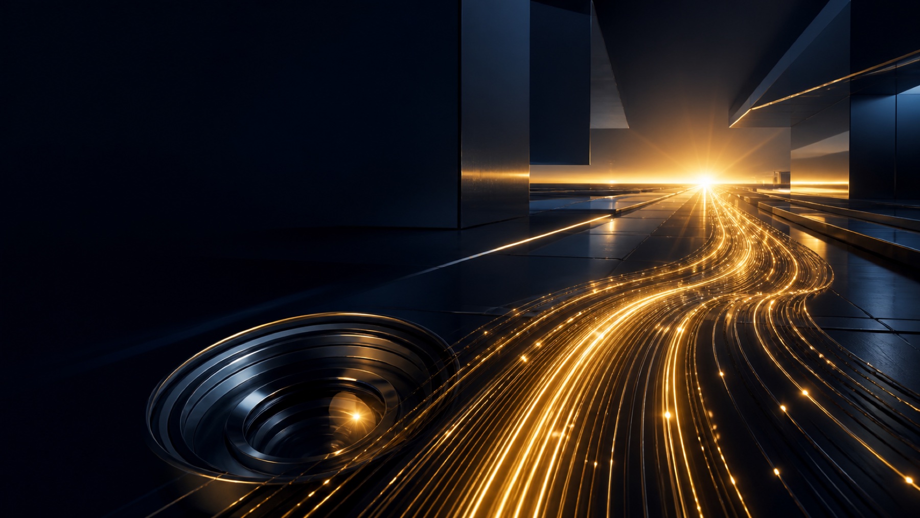 Golden light paths moving through a deep navy architectural environment toward a bright horizon
